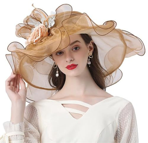 GIBZ Blumen Fascinator Hüte für Damen Große Krempe Elegant 1920er Jahre Organza Hut für Teeparty Kirche Hochzeit, Braun