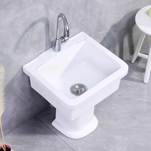 Lavabo Pedestal Fregadero de pedestal para baño, Fregadero de pedestal de cerámica para baño, Fregadero de pedestal blanco brillante, con grifo de agua fría y caliente, Fregadero de uso independiente