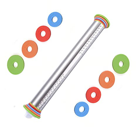 NCONCO Rolling Pin with Thickness Rings 17 inch Large Adjustable Stainless Steel Dough Roller for Baking Dough Pizza Pie Pastries and Cookies