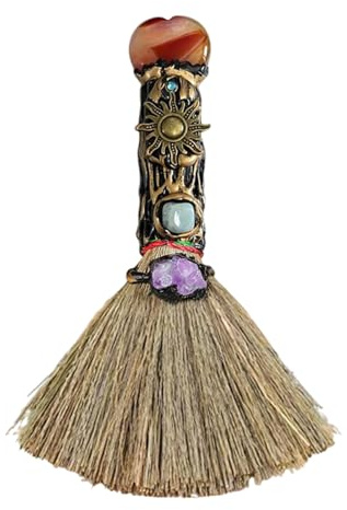 Xuoxeji Crystal Witch Wiccan Altar Broom,Witchcraft Witches Pagan Altar Decor, Handmade Ritual Magic Ceremonial (Red agate)