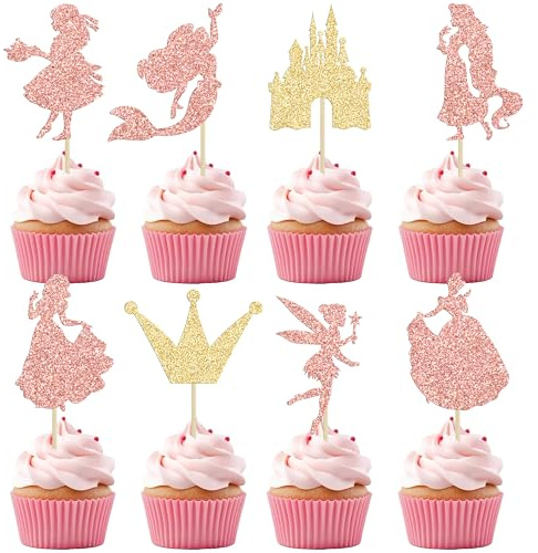Ephlyn 24Pcs Glitter Princess Cupcake Toppers Mermaid Castle Girl Birthday Cupcake Toothpicks for Princess Mermaid Theme Baby Shower Birthday Party Cake Decorations Rose Gold