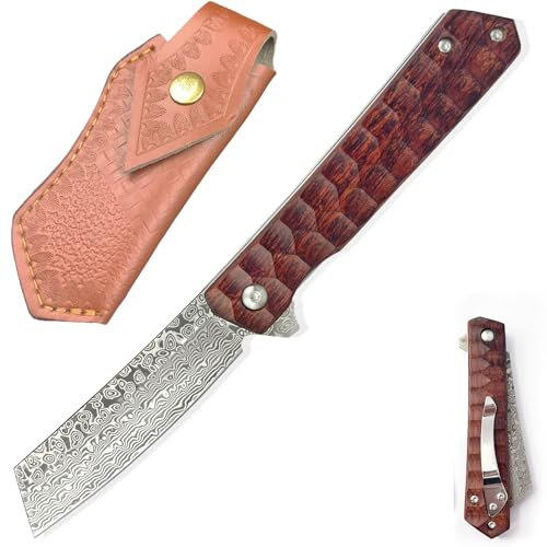 BFYLIN Damast Taschenmesser Klappmesser, Damaststahl Outdoor Taschenmesser, Damastmesser Jagdmesser mit Holzgriff, Survival Messer Camping messer