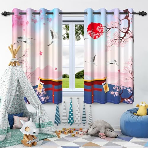 SDOTPMT 168x229cm Japón Primavera Paisaje Cortina Blackout Monte Fuji Cerezo en Flor Torre Rojo Sol Blanco Grullas Cortinas para Ventana Estilo Asiático Japonés Sala de Estar Cortinas, 2 Paneles