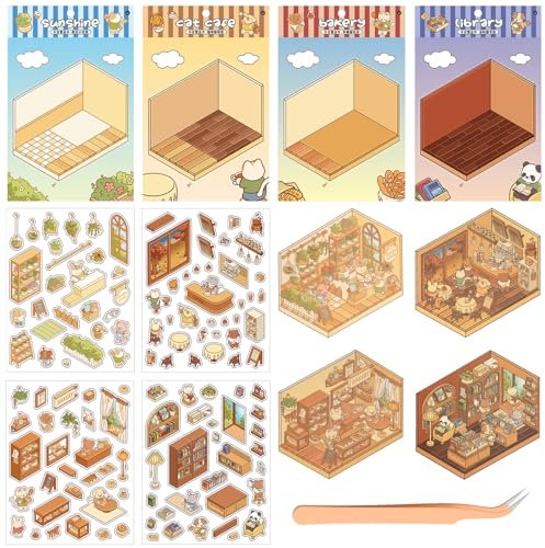 DIY 3D House Stickers 4 Sets Fun DIY Stickers Scene mit Tweezer Stacking Scene Sticker Machen Sie Ihren eigenen Blumenzimmer Café Buchhandlung Bäckerei für Erwachsene und Kinder