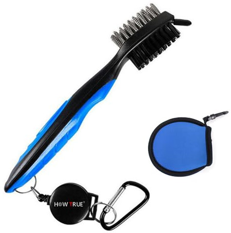 Golfbürste mit Rillenreiniger mit Golfball-Reiniger-Tasche, Golfschläger-Reiniger mit verstellbarem Aluminium-Karabiner zum Aufhängen an Golftasche, Nylon- und Stahlbürste mit Spike zur Reinigung des