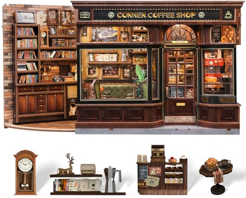 CUTEBEE Book Nook Kit - DIY Miniature House Coffee Shop Dollhouse Kit for Adults, Booknook Tiny House Bookshelf Decor 3D Wooden Puzzle, Gifts for Family, Friends (Corner Coffee Shop)