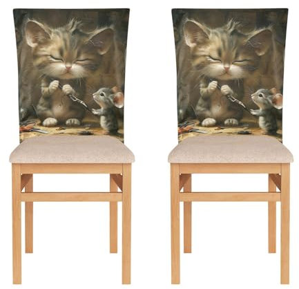 ODAWA Stuhlhussen mit lustiger Katze und Maus, waschbar, 2 Stück
