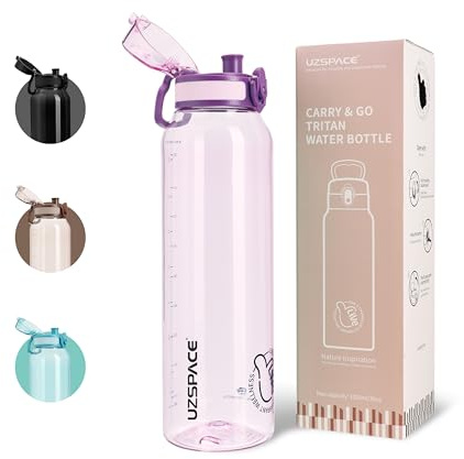 UZSPACE Trinkflasche 1L Sport Wasserflasche, Spülmaschinenfest Sportflasche | Auslaufsicher, 1-klick-Öffnung, Kohlensäure Geeignet, Sportflasche mit Klappdeckel für Fahrrad Gym Wandern, Lila