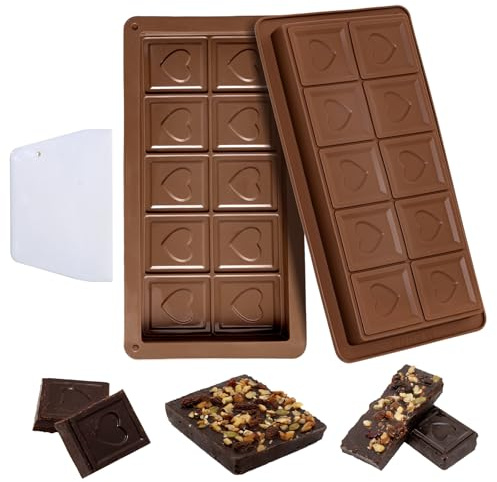 NVGVUP Silicone Chocolate Mould, Deep Chocolate Bar Mould, Pack of 2 Silicone Moulds, Heart Chocolate Bar with Scraper, Extra Deep Chocolate Mould for Praline Sweets, Non-Stick Coating