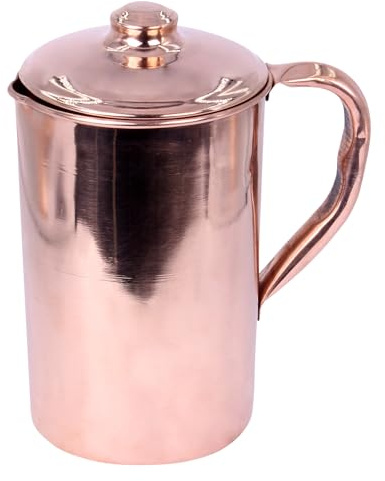 THE Unltd India Handgefertigter Krug aus reinem Kupfer für Trinkwasser mit Deckel, authentischer und starker genieteter Griff, Kupferkrug für Ayurveda-Gesundheitsvorteile, fasst 1,5 l Wasser