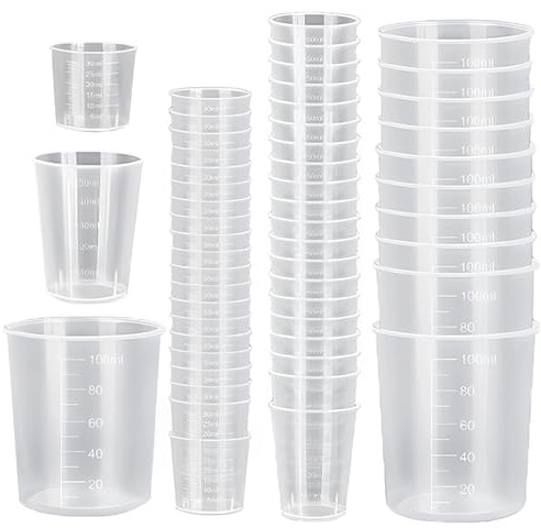 JAMHEXOU 50Pcs Plastic Measuring Cups Set, Resin & Epoxy Mixing Cups, Plastic Beakers for Paints & Crafts, 30ml 50ml 100ml, Versatile & Reusable, Ideal for DIY Projects and Household Use