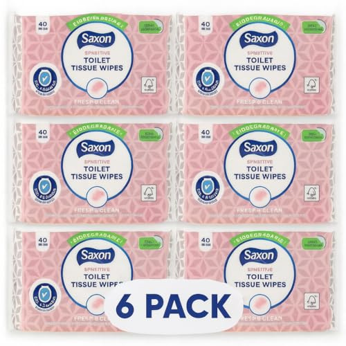 LUNEXA Saxon Sensitive Toilet Tissue Wipes 6 x 40 (240 Total) | Fresh & Clean, Flushable, Biodegradable Wet Wipes for Sensitive Skin – Moist Toilet Tissues