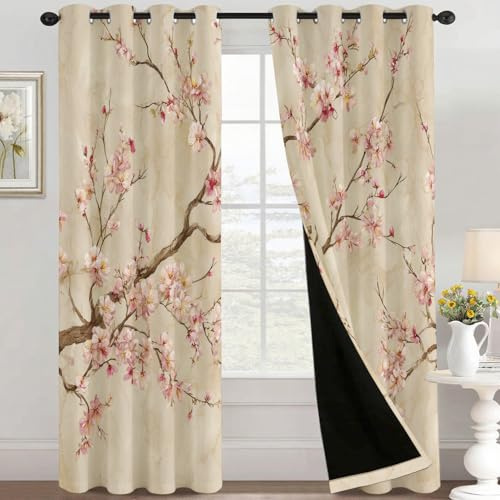 Generisch Blickdichte Vorhänge Vintage Blumen Motiv, Verdunklungsvorhänge mit Ösen H 260 x B 140, 2er Set, Kirschblüten Asiatisch Gardinen Wohnzimmer Schlafzimmer Deko, Thermovorhang NN243