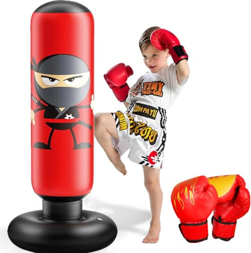 Sacco da Boxe Bambini con Guantoni da Boxe 165cm Ninja Gonfiabile Boxe per Bambini 3-12 Materiale Spesso Sacchi da Boxe per Gioco Attivo e Sollievo Dallo Stress Regalo per Ragazzi Ragazze (Rosso)
