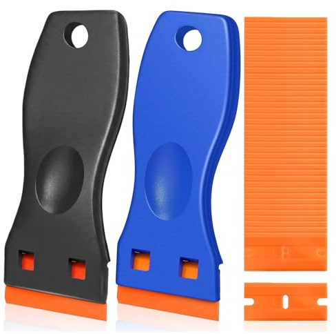 2Pcs Plastic Scraper Tool Non Scratch with 100 Plastic Blades | Multi-Purpose Cleaning Scraper Tool for Removing Stickers, Glue, Labels on Glass, Windows, Car and Floors