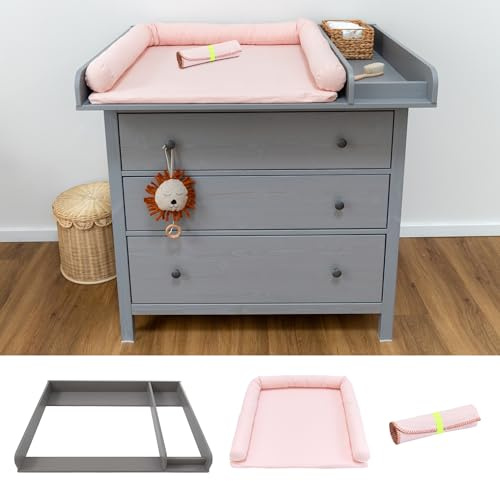 Limmaland Wickelaufsatz Set für graue IKEA HEMNES 108 cm – mit Wickelaufsatz aus hochwertigem MDF sowie Wickelauflage & Umrandung aus 100% Baumwolle (Blush, Aufsatz, Auflage & Unterlage)