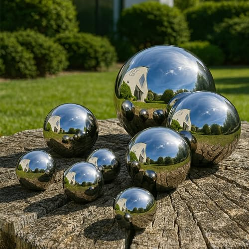 Köhko 8er Set Dekokugeln in 4 unterschiedlichen Größen (1xØ12cm, 1xØ9cm, 2xØ6cm und 4xØ4cm) Glänzend polierte Edelstahlkugel Gartenkugeln Teichkugeln