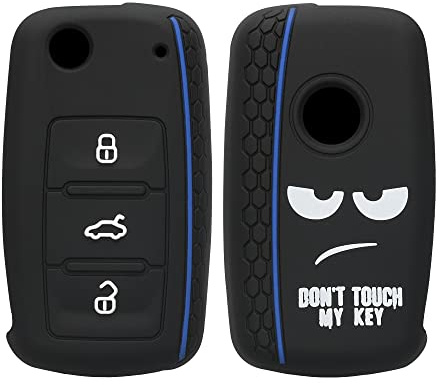 kwmobile Autoschlüssel Hülle kompatibel mit VW Skoda Seat 3-Tasten Autoschlüssel Hülle - Schlüsselhülle Don't Touch My Key Weiß Schwarz Blau