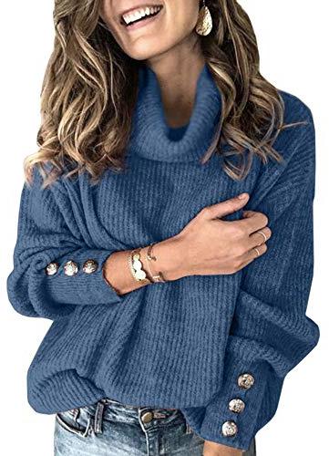 Sovelen Pull surdimensionné à col roulé pour femme - Col bénitier - Manches longues - Pour l'hiver, bleu, Taille M