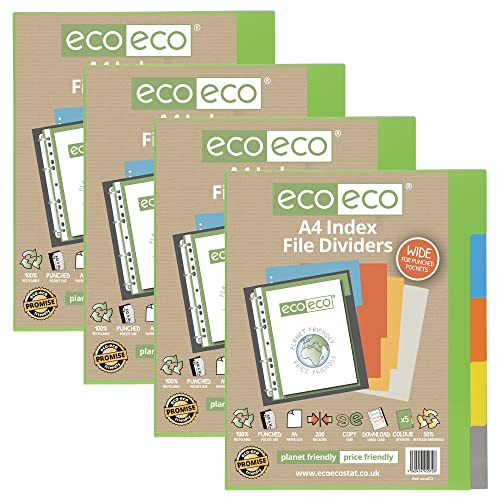 eco-eco A4 50% Recycled Multipunched Reinforced Colour Set 5 Extra Wide Subject Index File Dividers 200mic (Pack of 4) eco072x4