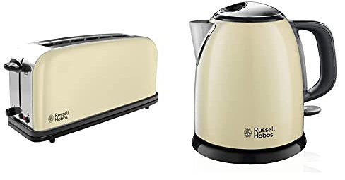 Russell Hobbs Colours Plus 21395-56 – Tostadora, Ranura Larga y Ancha, para 2 Rebanadas, Acero Inoxidable, Crema + Colours Plus - Hervidor de Agua Eléctrico Pequeño