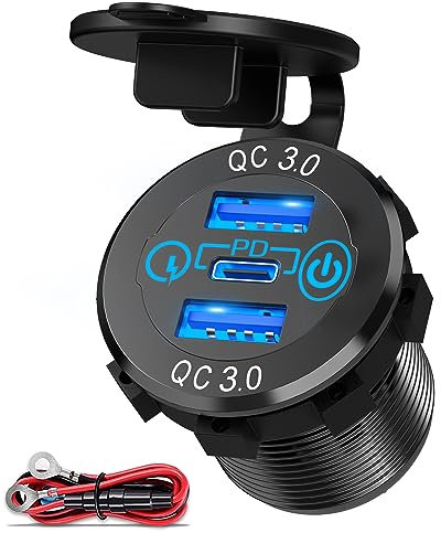 Power Delivery 3.0 USB C Steckdose 12V für iPhone 12/12 Pro, 30W PD Typ C & QC 3.0 USB Einbau Buchse Wasserdicht KFZ Ladegerät Dose 24v mit Schalter für Auto Motorrad Boot LKW Wohnwagen RV