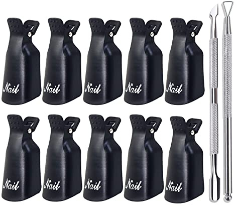 Qufiiry Nagelklammern Set - 10 Stück Nagel-Clips, Nagellackentferner, Nails Art Gel Cap Einweichen Clip, Gel Polish Entferner Wrap Tool (Schwarz) Mit Pushers Trimmer 2 PCS