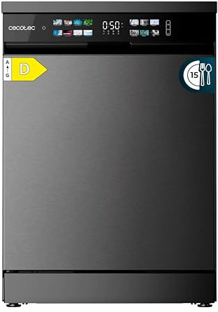 Cecotec Lave-vaisselle 60cm Bolero Aguazero 6210 Dark D Lave-vaisselle foncé, 15 couverts, Classe D, écran FullColor XXL, Dual Zone, Aquastop, Dry+, Plateau réglable, AutoClean, Sécurité Enfant.