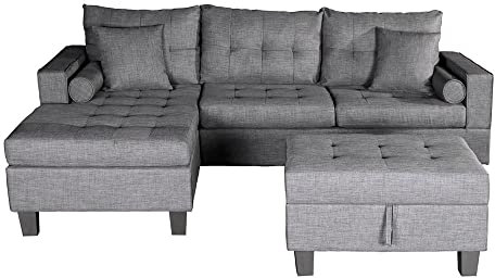 Home Deluxe - Sofagarnitur ROM - Farbe Grau - beidseitg montierbar - 242,6 cm x 154,3 cm x 90,8 cm - inkl. Hocker I Ecksofa Sofa Couch Wohnlandschaft