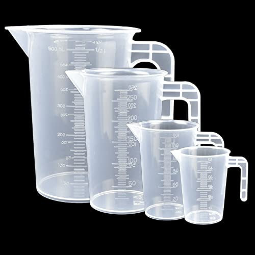 DOUSELLA 4PCS Juego de Jarras Medidoras de Plástico de 50ml 100ml 250ml 500ml con Asa Jarra Medidora Resistente al Calor para Detergente Cocina Laboratorio Escala Fina Apta para Alimentos Transparente