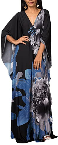 JFAN kaftan för kvinnor strandklänning V-ringad kaftan lång boho lång plus size cover up badmode strand, Svart tryck, One Size Stor Extra Tall