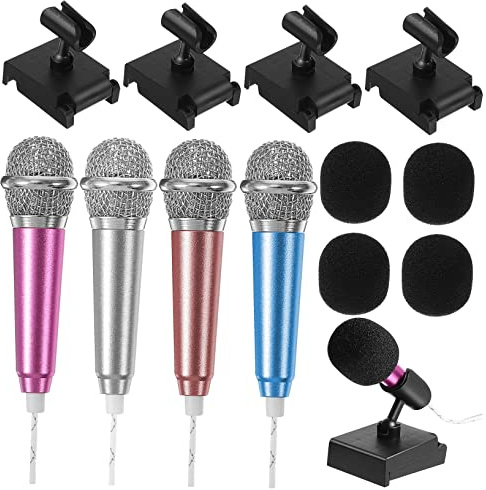 VICASKY 4 Sets Mini Microphone 3.5mm Mini Mic with Microphone Covers and Holders Multi-Colour for Mobile Phones and Laptops Includes Sponge Windscreen Stand