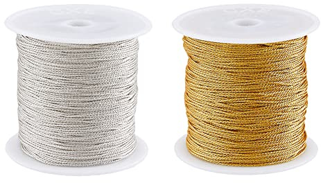 SUPerfINDINGS 2 rullar, totalt 142 meter nylontråd, 0,8 mm pärlsträng med metalliska sladdar, guld och silverfärgad kinesisk knuttråd för smyckestillverkning