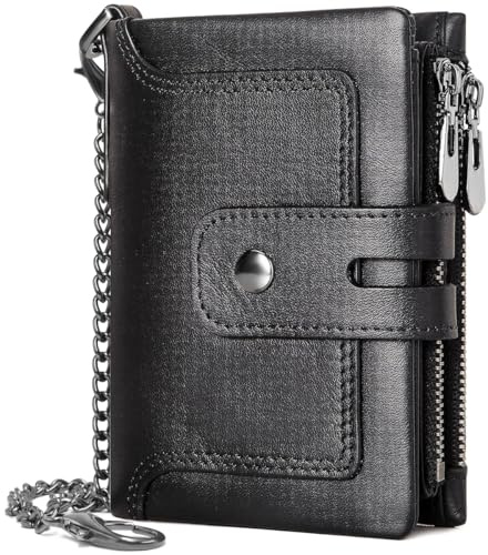 REETEE Portefeuille Homme en Cuir Véritable Blocage RFID Petit Porte Feuille Homme avec Chaîne, Bifold Porte Monnaie Homme 15 Porte Carte Crédit et 2 Poche Zippée, avec Boîte Cadeau (A-Noir)