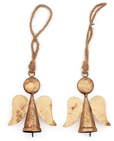 Vivanta Engel-Weihnachtsschmuck, 11,4 cm, rustikal, goldfarben, zum Aufhängen, Schutzengel-Figuren mit Glocken zum Basteln und Juteseil für Weihnachtsbaumschmuck, Liebes-Gedenkgeschenk