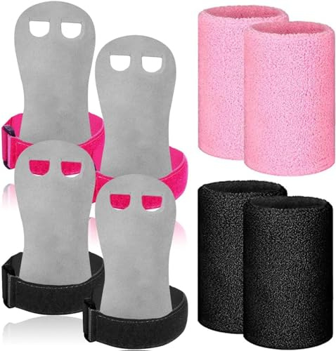 Sporthandschuhe Kinder GymnastikHandschuhe Mädchen Jugend Reckhandschuhe Griffe Gymnastikgriffe 2 Paar mit Armbänder, Gymnastik Stangengriffe Handflächenschutz für Fitness (Schwarz+ Rosenrot, M)