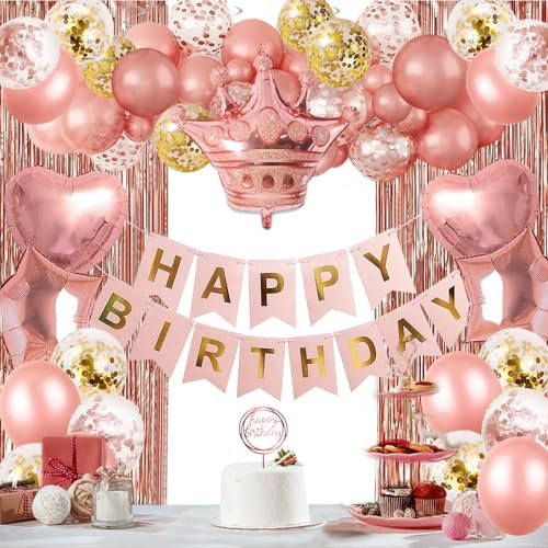 Rose Gold Birthday Decorations for Women Girls, Happy Birthday Party Supplies Banner, Fringe Curtain Background, Crown Balloons