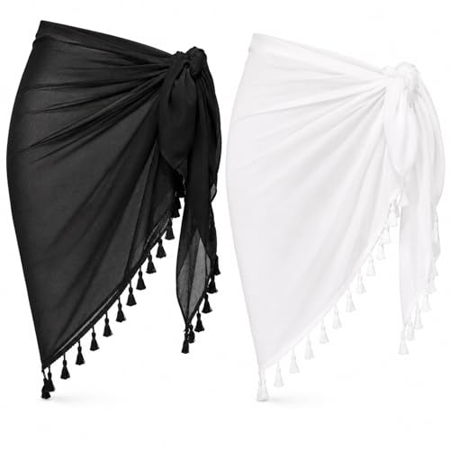 2 Pieces Sarong Coverups for Women Bathing Suit Wrap Swimsuit Skirt Bikini Swimwear Chiffon Cover Up Beach Accessories (Fringes - Black+White)