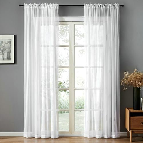 Daesar Vorhänge Lichtdurchlässig Wohnzimmer, Vorhänge Stangendurchzug 2er Set 107x214CM Nordisch Einfarbig Weiß Gardinen und Vorhänge Fenster