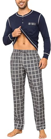 Litherday Pyjama Homme Coton Ensemble de Pyjama à Carreaux Vêtements De Nuit Automne et Hiver à Manches Longues Haut et Pantalon Plaid