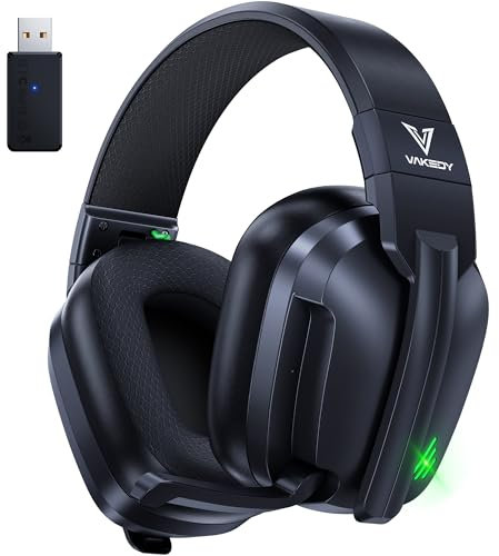 Vakedy Cuffie Gaming Wireless per PS4, PS5, PC, con Microfono Cuffie Cancellazione del Rumore, 2,4 GHz+Bluetooth Dual Mode, Durata 50+ Ore - Nero