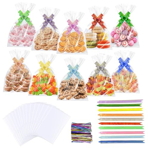 200 st. påsar för sötsaker transparenta cellofanpåsar, 15 x 25 cm smörpåsar med 100 blandade färger dra rosetter och 200 twist ties för sötsaker presenter barnkalas gästpresenter
