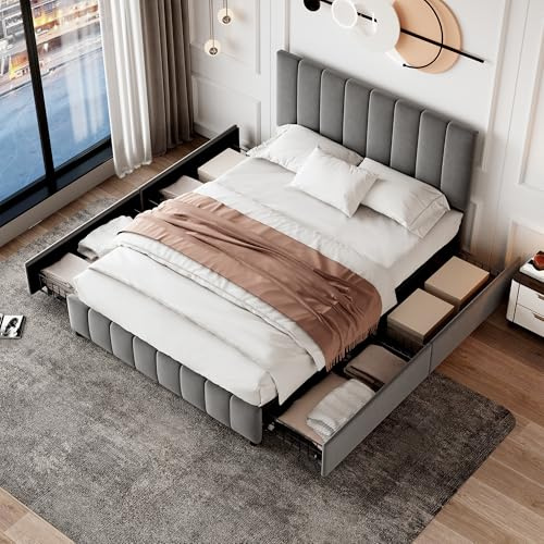 Merax 4ft6 Double Bed with Storage, Upholstered Bed with 4 Drawers, Velvet Platform Bed Frame with Adjustable Channel Tufted Headboard, Grey/135x190cm (No Mattress)