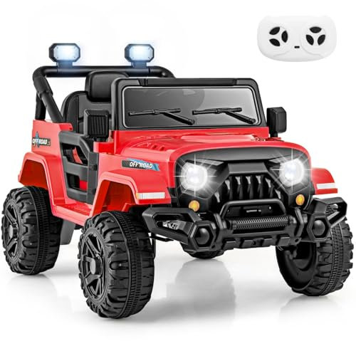 GYMAX Kids Ride on Car, 12V Battery Powered Toy Car with Remote Control, Lights, Music, Horn, Wireless Connection and Slow Start, Children Electric Off Road Truck for 3 Years Old+ Boys Girls (Red)