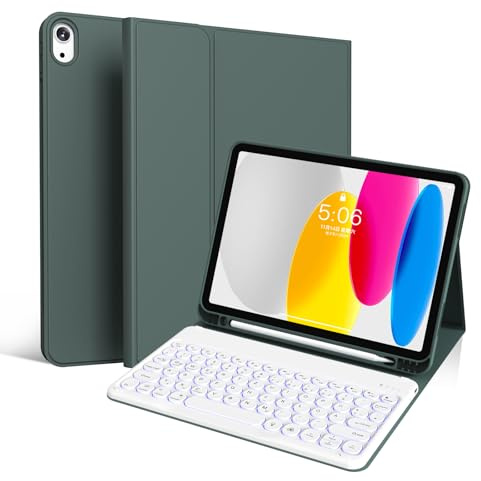 GKABXY Para iPad (A16) 11./10.ª generación (11/10.9 pulgadas, 2025/2022), funda protectora con teclado de 7 colores, teclado Bluetooth inalámbrico desmontable, tapas blancas redondas de teclado, verde