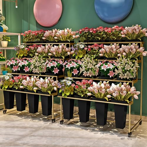 HJDSUDU Carrito de Flores con 4 Ruedas, Estante de Metal para Ramos de Flores, Mueble para Flores, Carrito rodante para Plantas, con 16 Cubos, para Patio, jardín, Bodas y floristería.,D