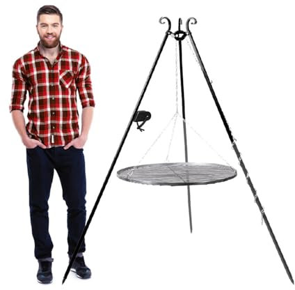 Cook King Schwenkgrill Dreibein mit Kurbel und Kettenset | Stahlgestell klappbar | Schwarz | Höhenverstellbar per Kurbel | Für Feuerschale oder Lagerfeuer | Handmade in Europe | 180 cm Höhe