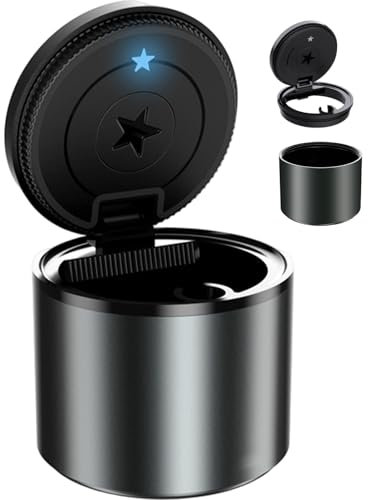 Cendre de voiture avec couvercle à LED et étanche à l'air, cendrier automobile de 2, 8 x 2, 6 pouces avec support cigarette et assiette éteinte, plateau cendre lavable détachable pour voiture