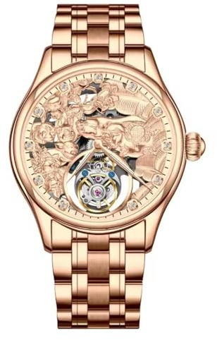 JDLERMY Orologio da polso meccanico con tourbillon volante da uomo con quadrante a diamante scheletro orologio da polso zaffiro doppio lato orologio cavo uomo zodiaco cinese maiali modello significato