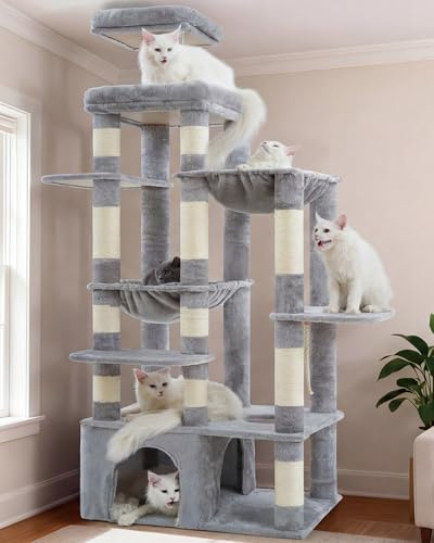 Heybly 180 cm klösträd med extremt stabil bas, XL-plattform, stort katthus, 2 hängmattor, flera nivåer kattmöbler för Maine Coon och andra stora katter, ljusgrå